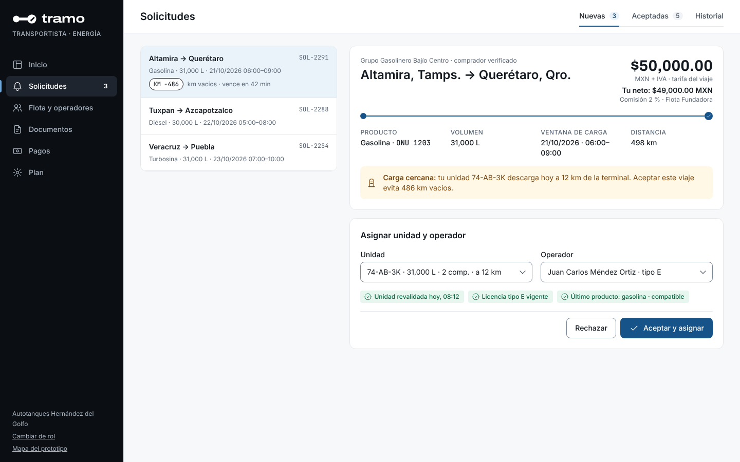 Bandeja de solicitudes del transportista con tarifa, neto y aviso de carga cercana